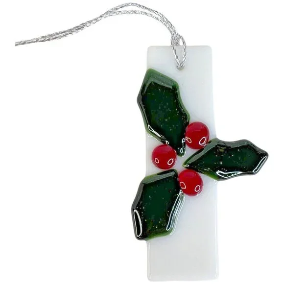 4 Fused Stained Glass Holly Berry Christmas Ornaments Set Red Green White - Picture 9 of 11